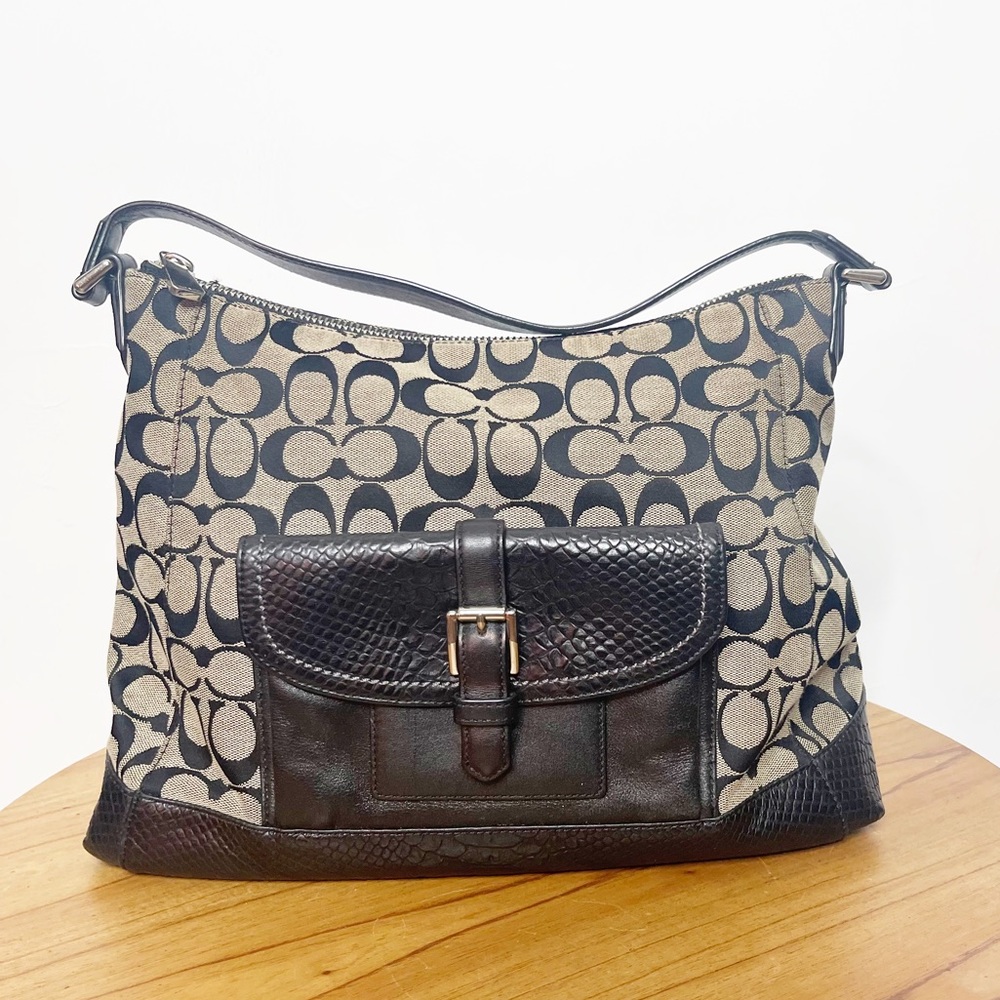 Coach F32081 Charlie Python Leather Signature Logo Black Hobo Bag